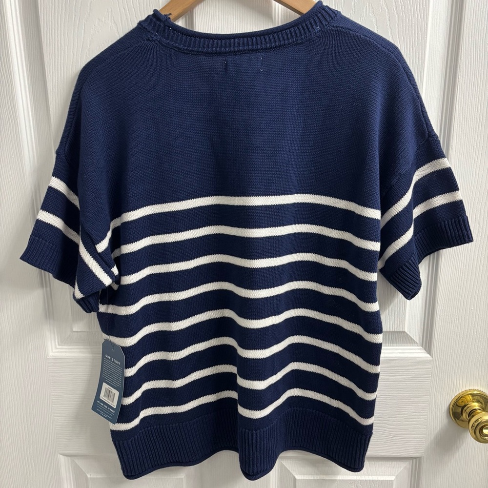 Life Is Good Sweater Womens XL Navy Blue Nautical Knit Striped Daisy Embroidered - Picture 5 of 5